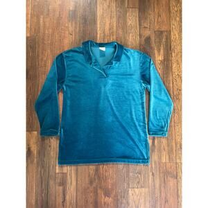 Vintage Clothing - Long Sleeve Velour Polo - Retro Aqua Blue - Large - Partners